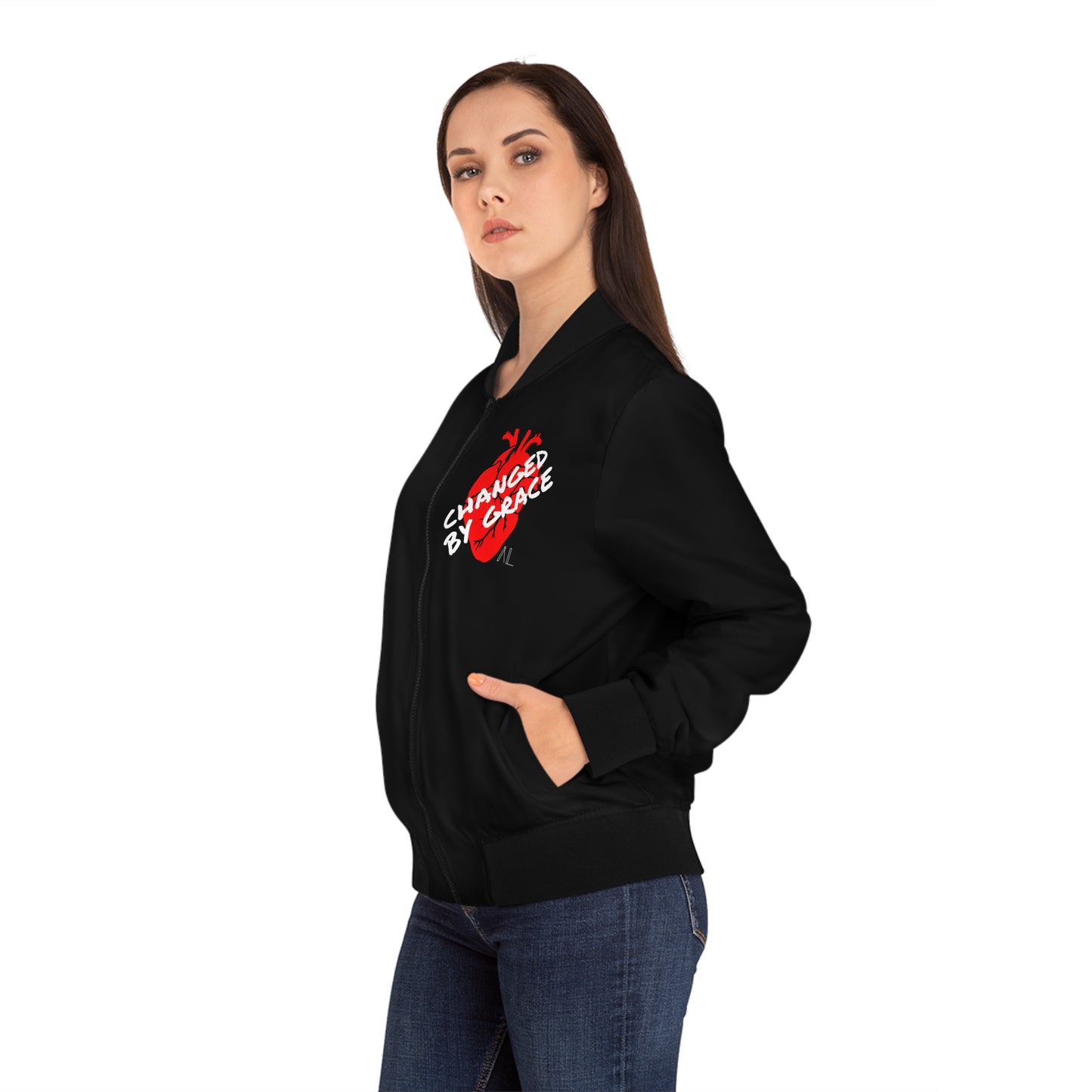 Women's Black Bomber Jacket - Changed By Grace