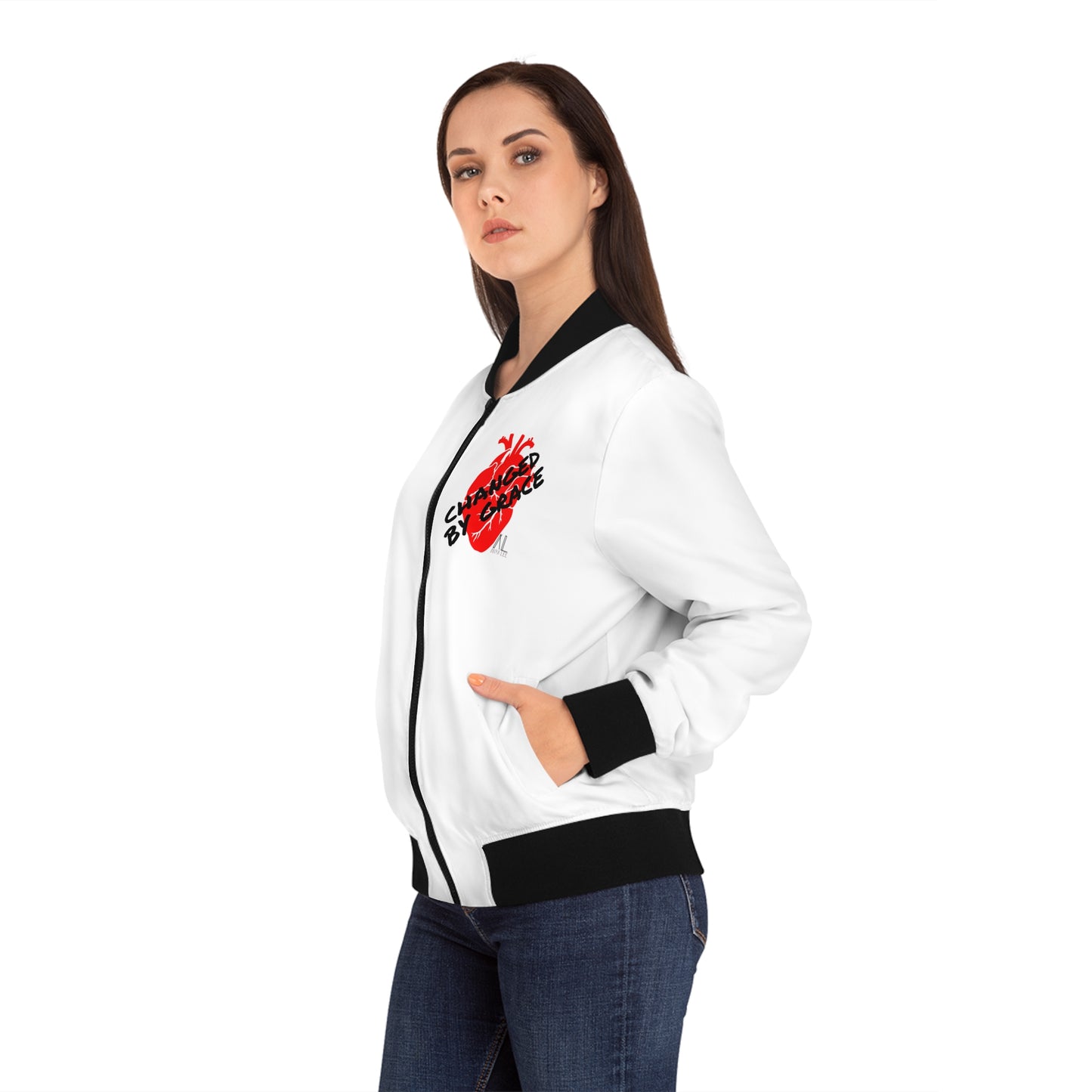 Women's White Bomber Jacket - Changed By Grace